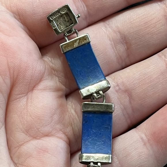 VTG Lapis Lazuli Stone Panel Sterling Silver 925 China Bracelet - Picture 8 of 9